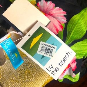 Tropical flower scarf “By The Beach” 26” x 64” Hibiscus and palm leaves NWT